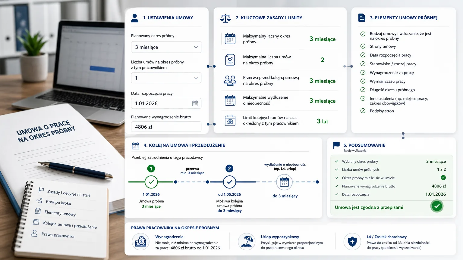 umowa o pracę na okres próbny - wizualne wyjaśnienie najważniejszych decyzji