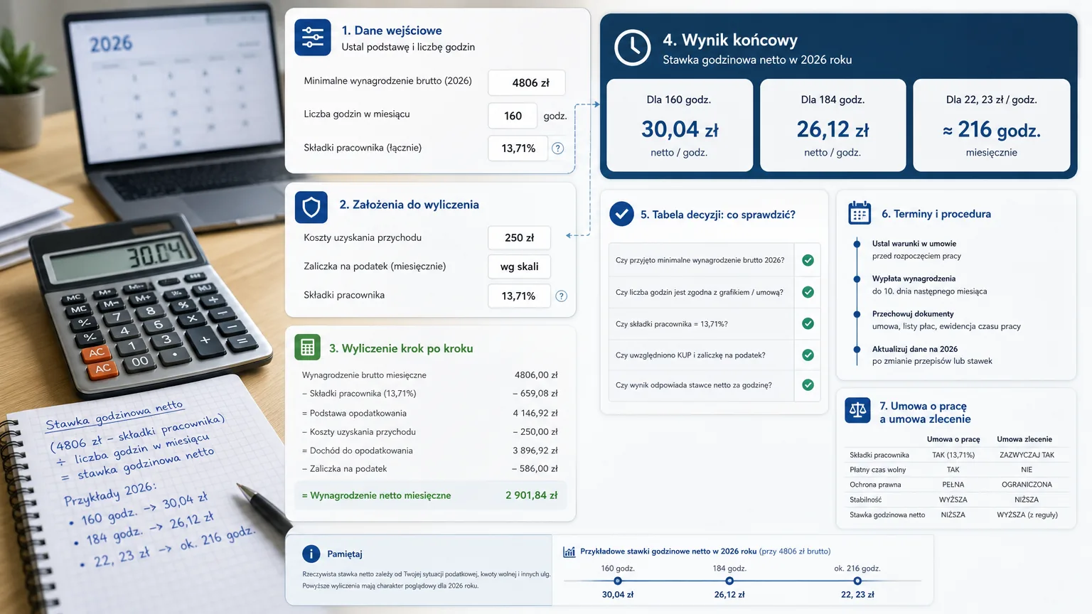 umowa o pracę stawka godzinowa netto - wizualne wyjaśnienie najważniejszych decyzji