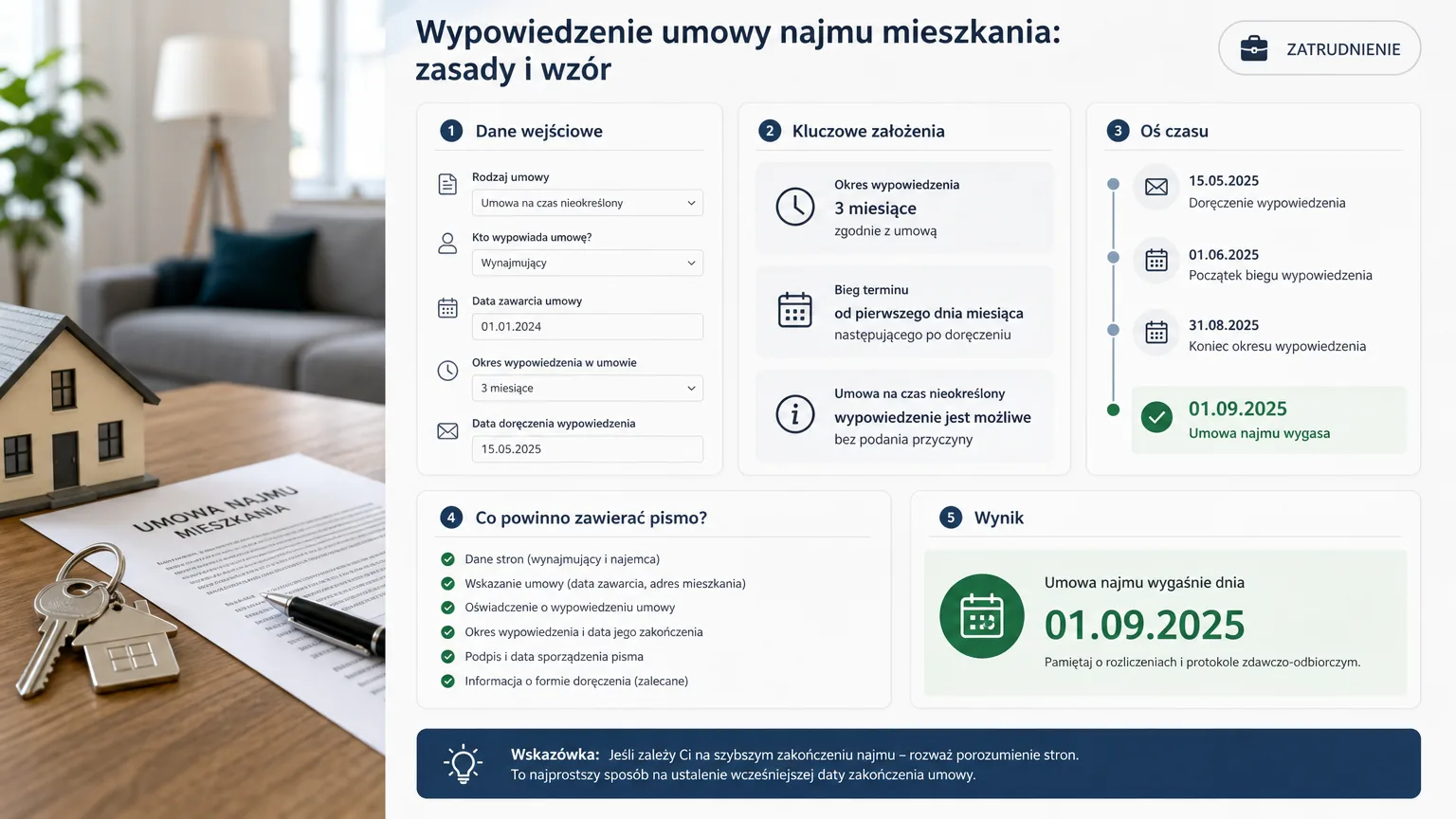 wypowiedzenie umowy najmu mieszkania - wizualne wyjaśnienie najważniejszych decyzji