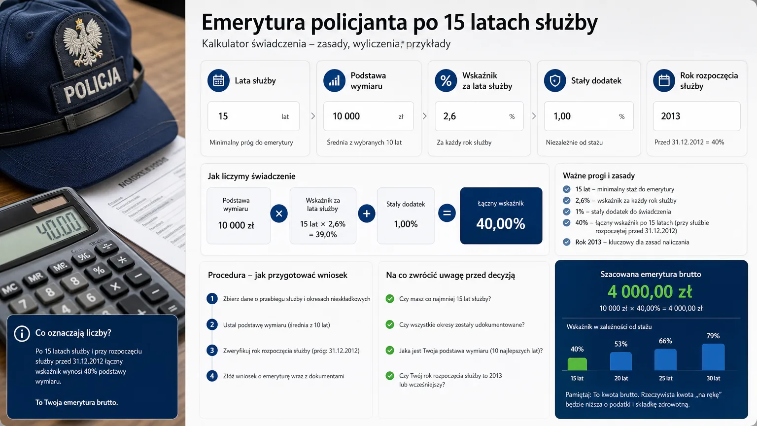 ile wynosi emerytura policjanta po 15 latach - wizualne wyjaśnienie najważniejszych decyzji