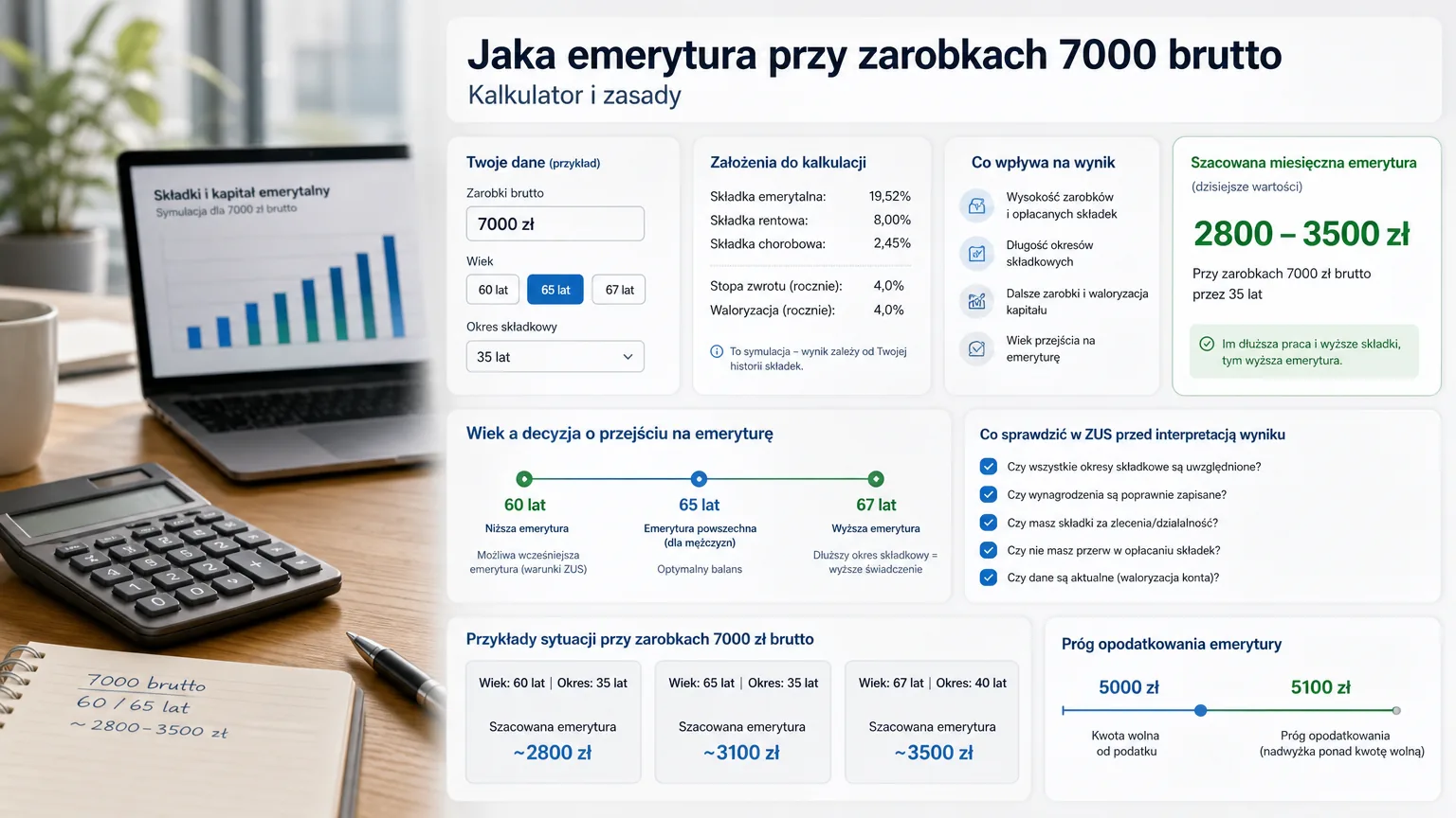 jaka emerytura przy zarobkach 7000 brutto - wizualne wyjaśnienie najważniejszych decyzji