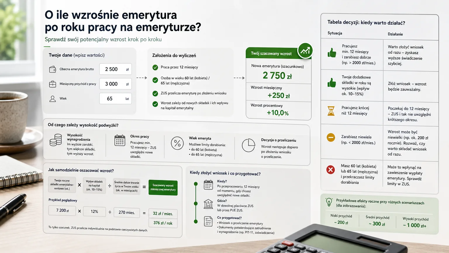o ile wzrośnie emerytura po roku pracy na emeryturze - wizualne wyjaśnienie najważniejszych decyzji