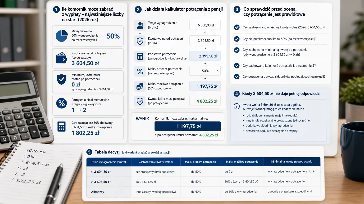 ile komornik może zabrać z wypłaty tabela - wizualne wyjaśnienie najważniejszych decyzji